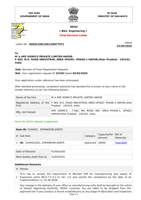 RDSO Approval — Expansion Joints - first page