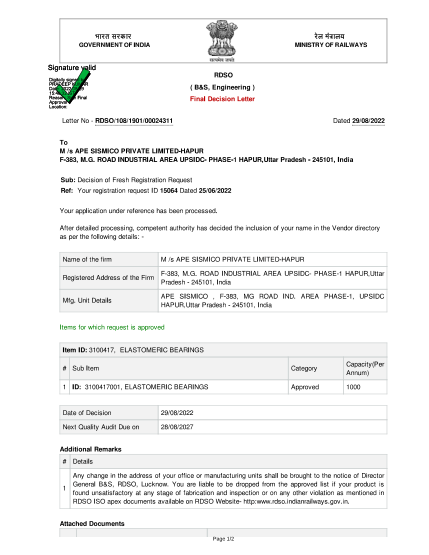 RDSO Approval - Elastomeric Bearings - first page