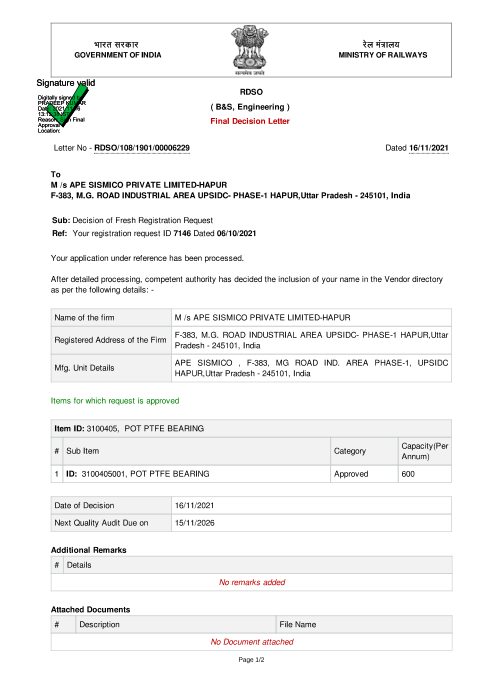 RDSO Approval — POT-PTFE Bearings - first page